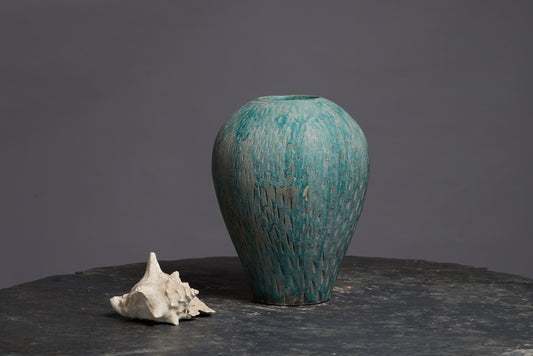 Blue Green Glaze Ovoid Vase from Borneo with a Slight Sgraffito Decoration