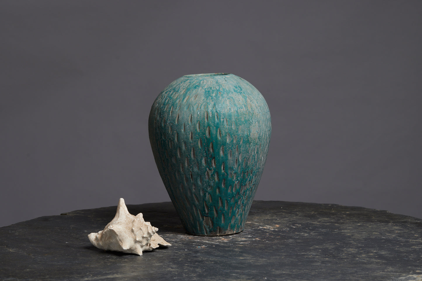 Blue Green Glaze Ovoid Vase from Borneo with a Slight Sgraffito Decoration