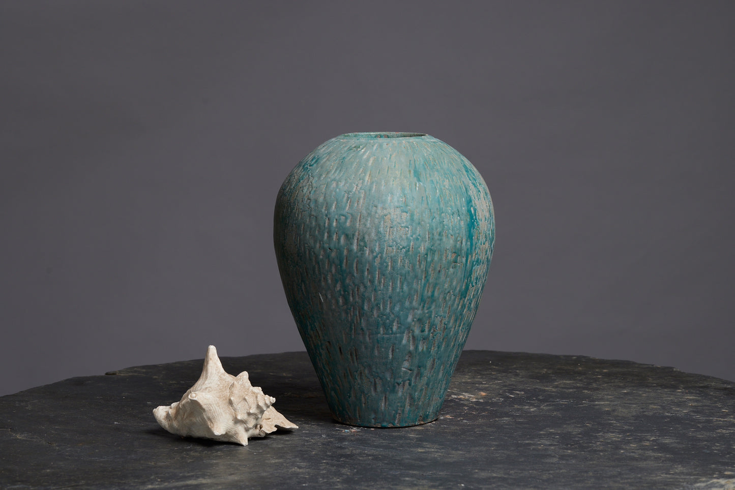 Blue Green Glaze Ovoid Vase from Borneo with a Slight Sgraffito Decoration