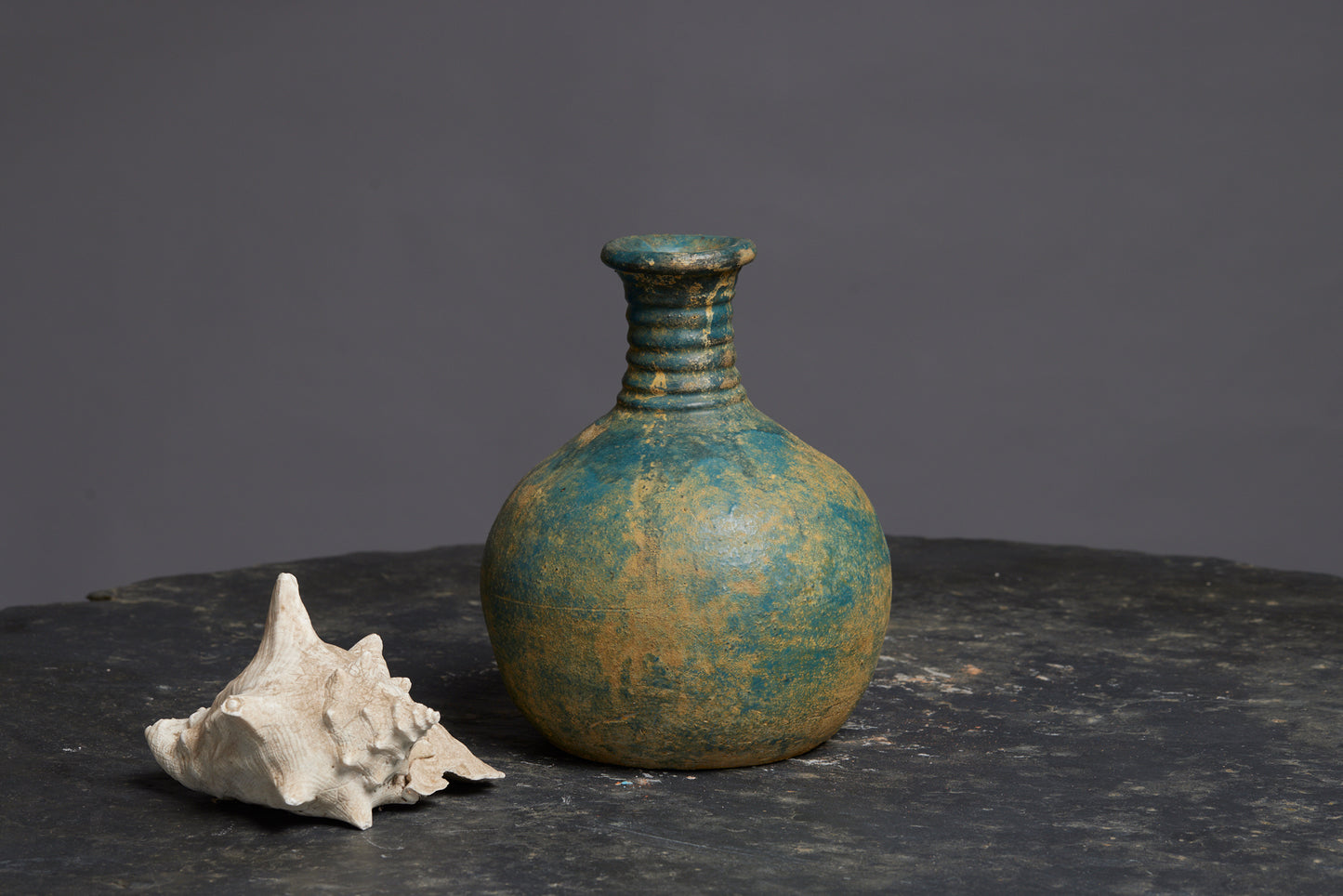 Medium Green Blue Glaze Borneo Water Pot with a Banded Neck
