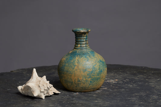 Medium Green Blue Glaze Borneo Water Pot with a Banded Neck