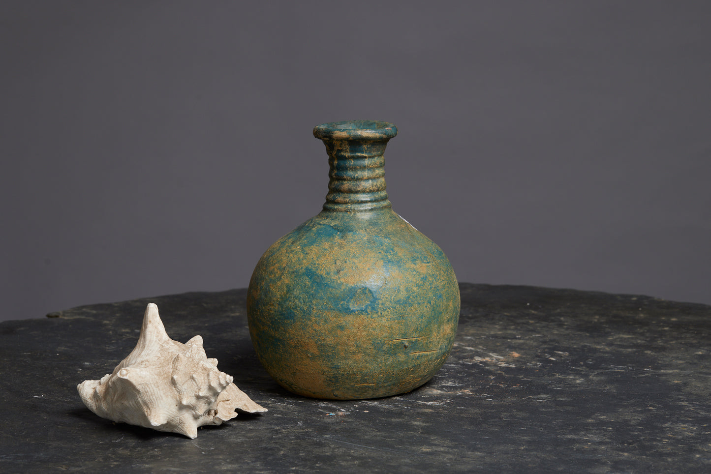 Medium Green Blue Glaze Borneo Water Pot with a Banded Neck