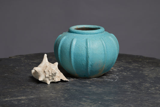 Squat Pumpkin Shaped Green Glaze Pot with Ribs