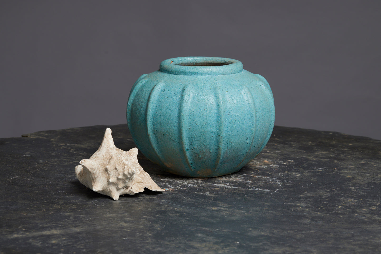 Squat Pumpkin Shaped Green Glaze Pot with Ribs