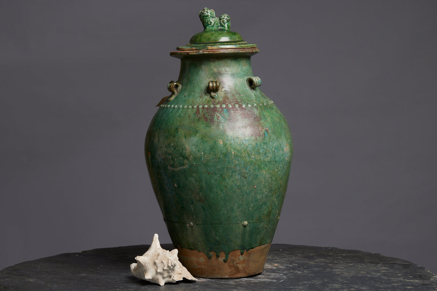 Very Large Green Glaze Borneo Pot with a Foo Dog Cover