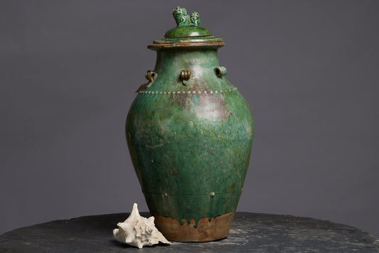 Very Large Green Glaze Borneo Pot with a Foo Dog Cover
