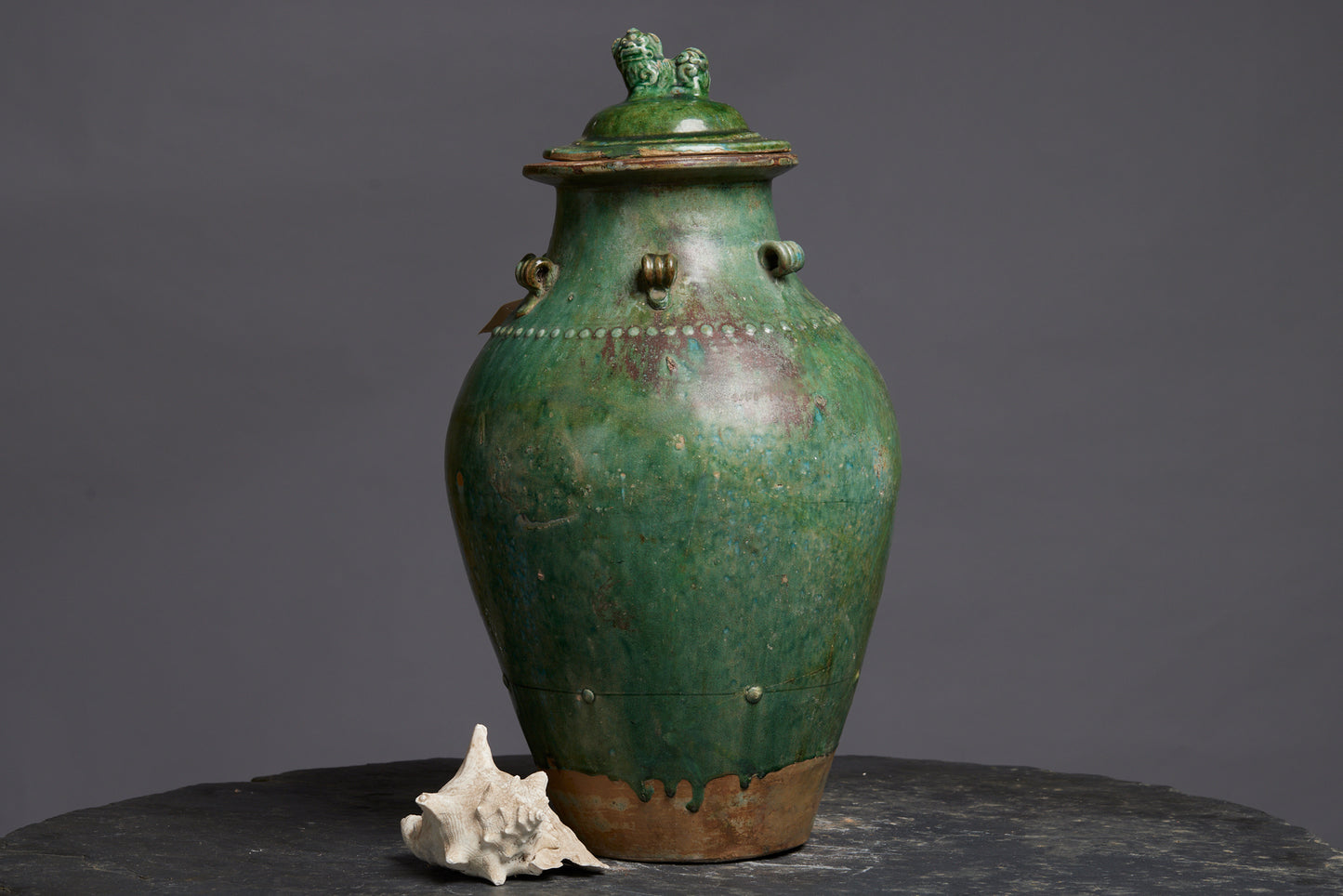 Very Large Green Glaze Borneo Pot with a Foo Dog Cover
