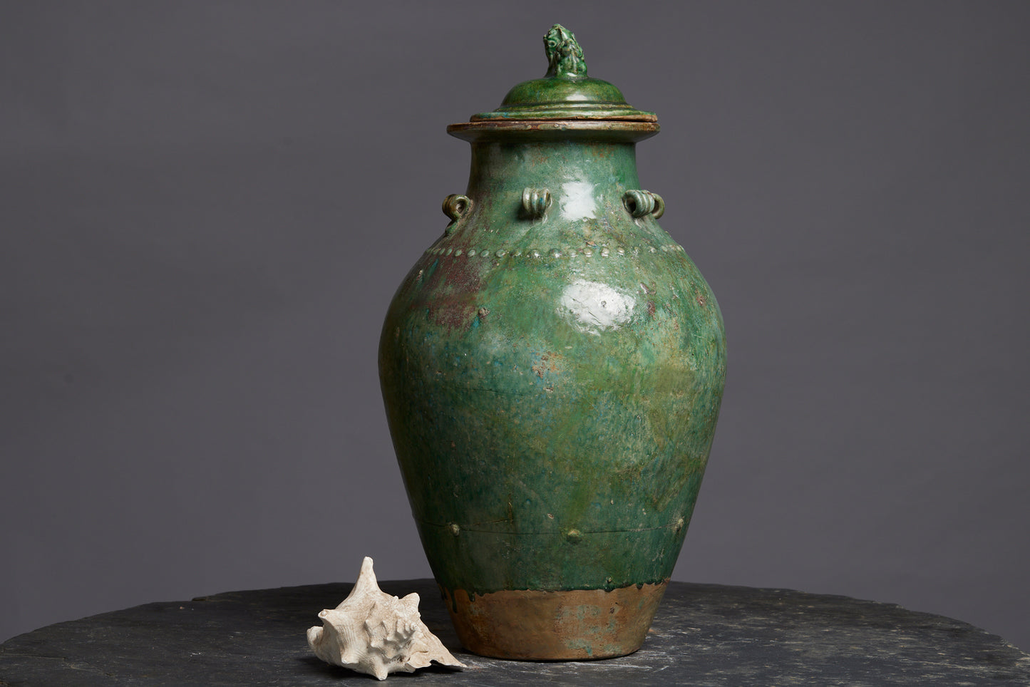 Very Large Green Glaze Borneo Pot with a Foo Dog Cover