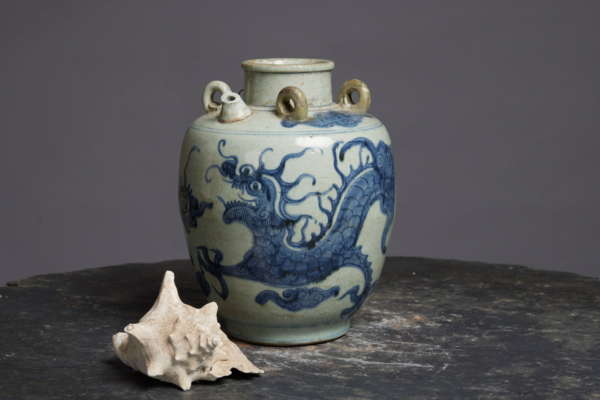 Ming Swatow Large Water Jar with a Blue Underglaze Dragon and Cloud Decoration