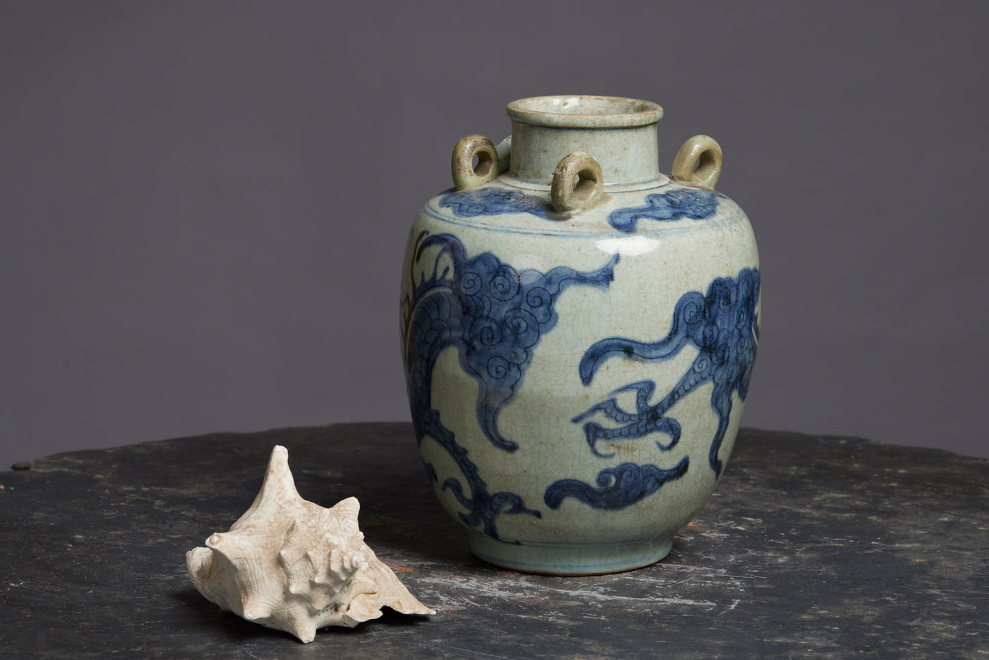 Ming Swatow Large Water Jar with a Blue Underglaze Dragon and Cloud Decoration