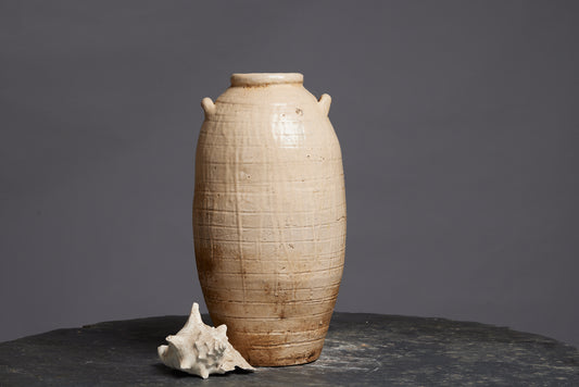 Extra Large Cream Colored Borneo Storage Pot with Applied Handles