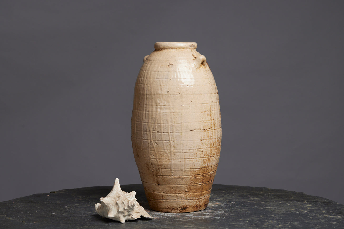 Extra Large Cream Colored Borneo Storage Pot with Applied Handles