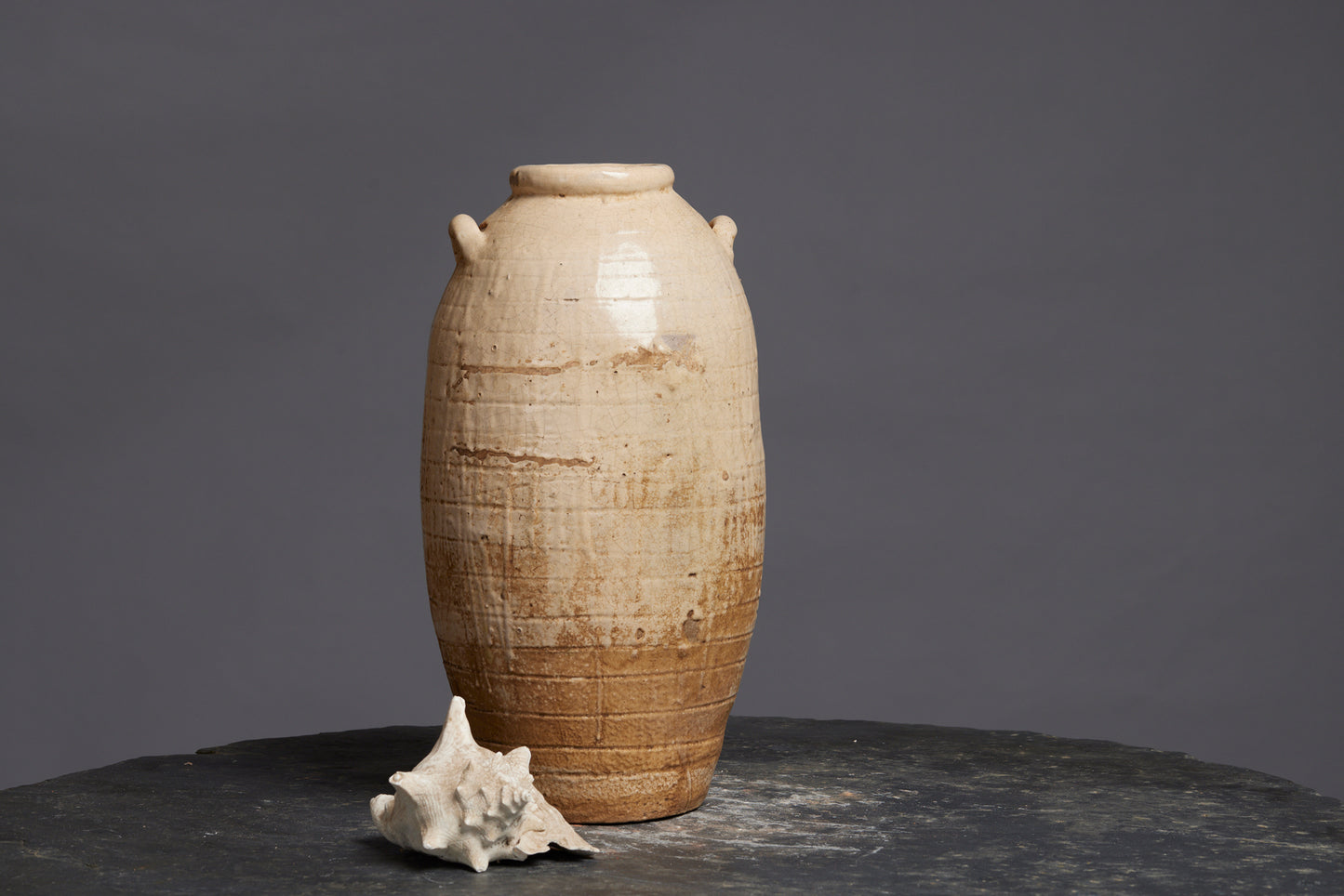 Extra Large Cream Colored Borneo Storage Pot with Applied Handles