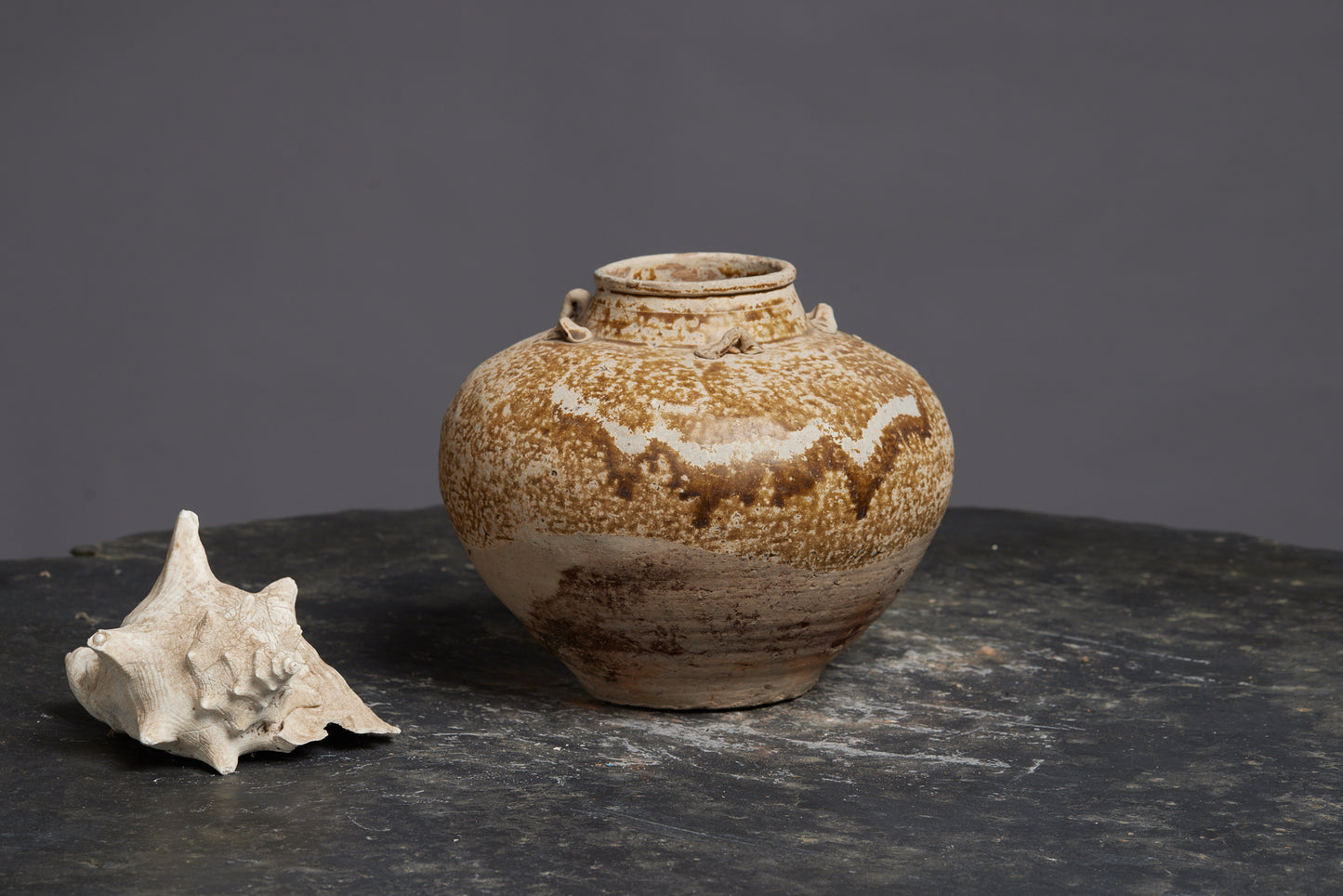 Yue Ware Squat Shaped Pot with a Brown Speckled Glaze