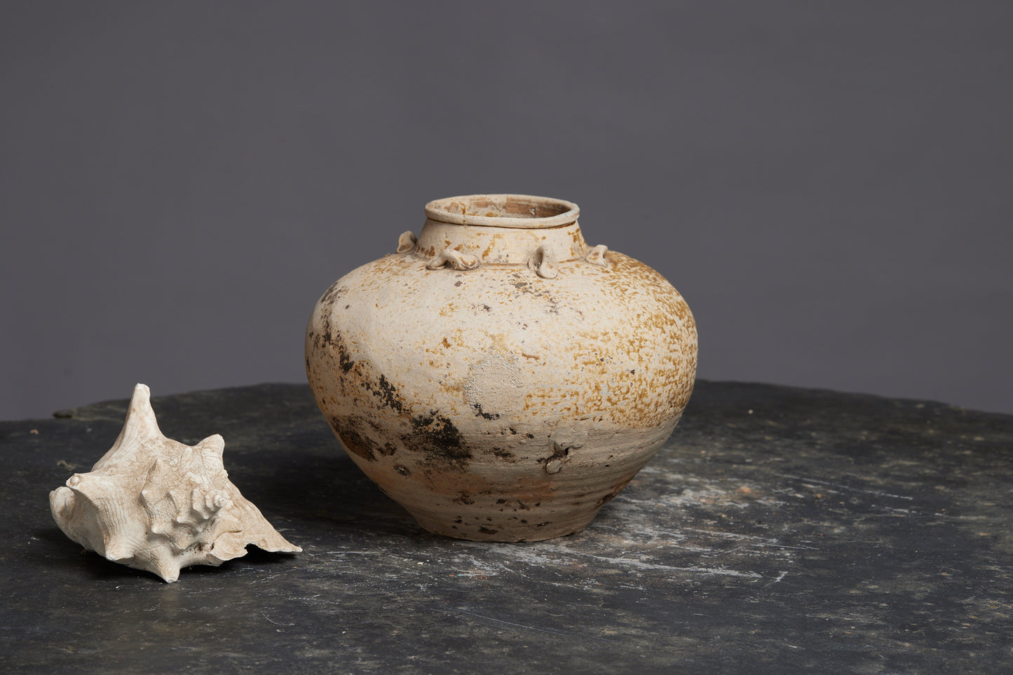 Yue Ware Squat Shaped Pot with a Brown Speckled Glaze