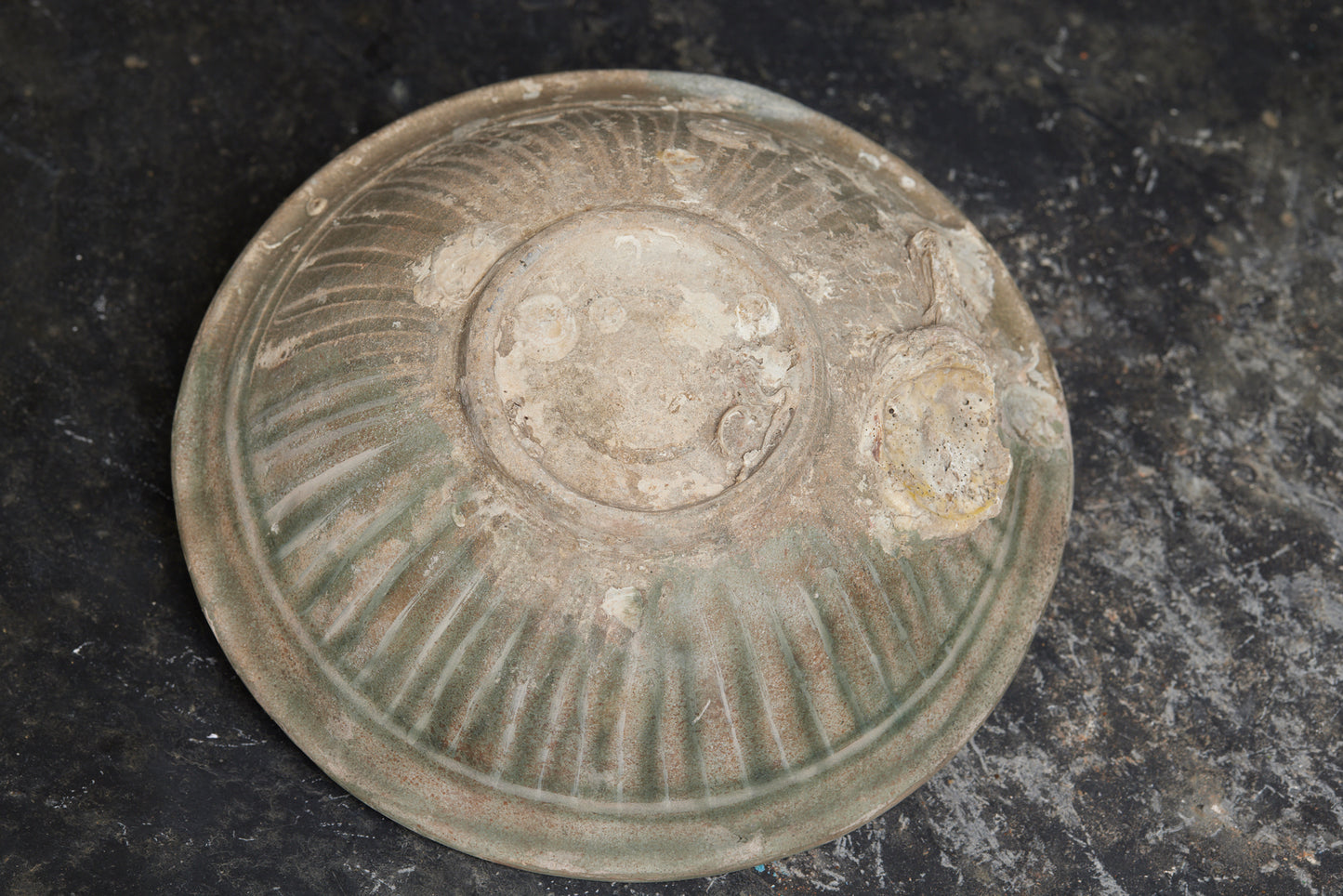 Large Celadon Shipwreck Bowl with Beautiful Incised Decorations and Shell Encrustations