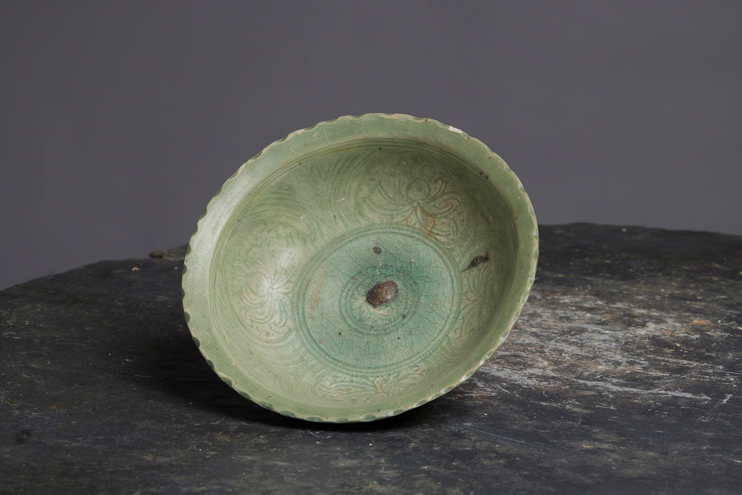 Large Celadon Swankhalok Shipwreck Bowl with Beautiful Incised Lotus Decorations