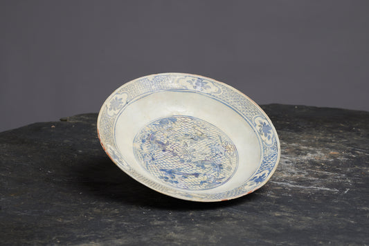 Restored Ming Blue and White Swatow Bowl with a Koi Pond Decoration