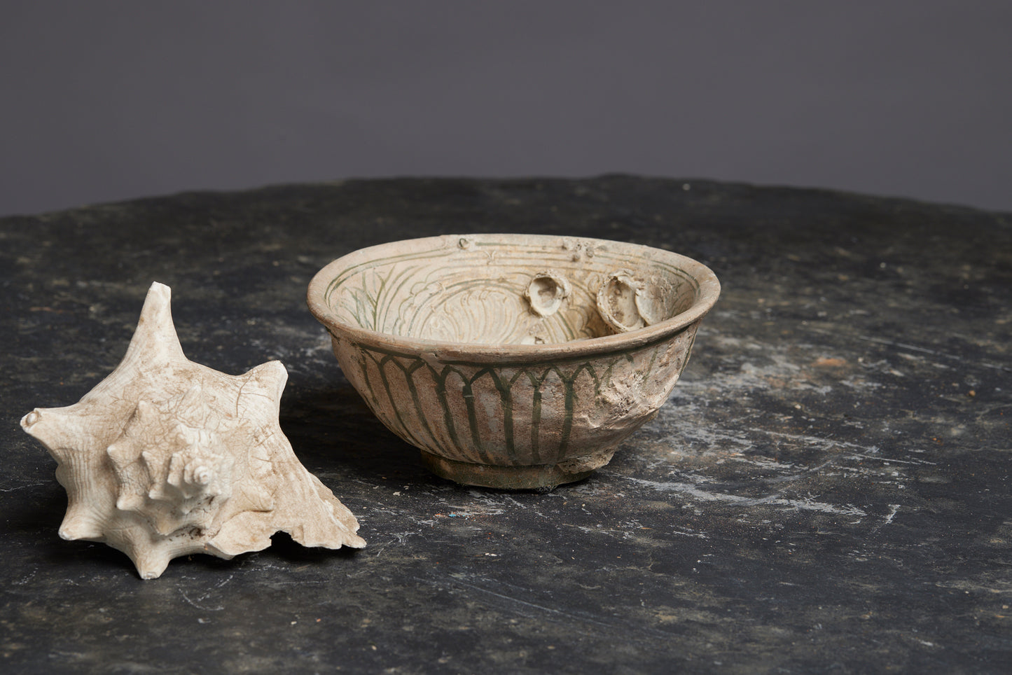 Large Celadon Shipwreck Bowl with Oysters and Incised Decoration and Gadrooned Exterior