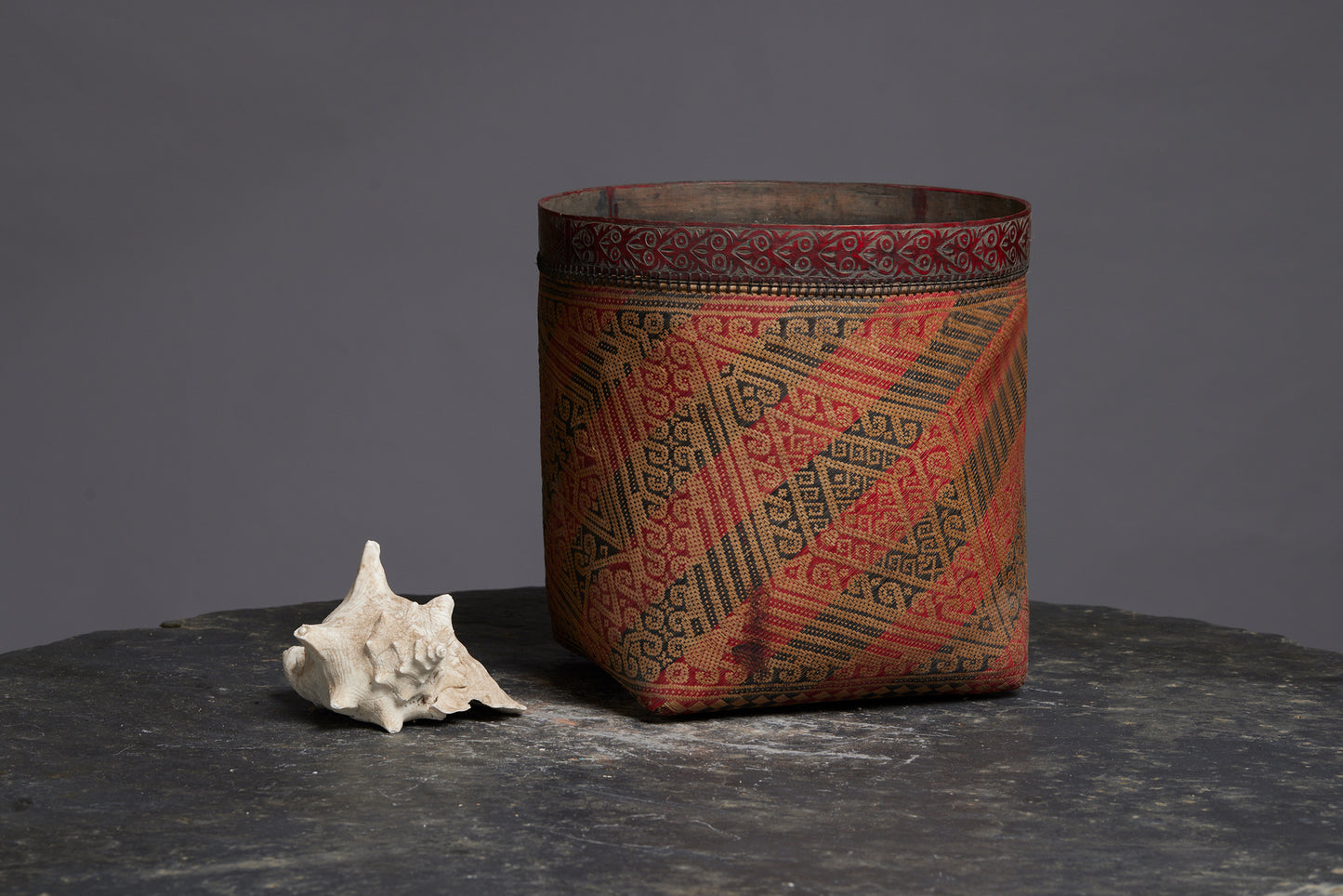 Very Large West Borneo Basket with a Classic Red and Black Decoration and a Carved Bamboo Band