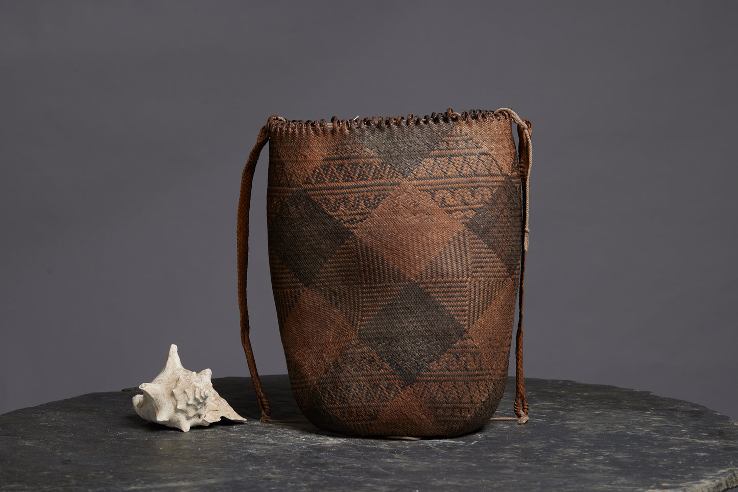 Large Woven Gathering Bag from Kalimantan with a Geometric Pattern and Lovely Braided Loops