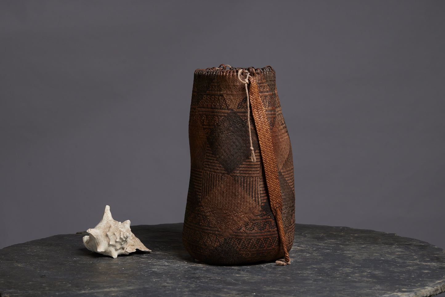 Large Woven Gathering Bag from Kalimantan with a Geometric Pattern and Lovely Braided Loops