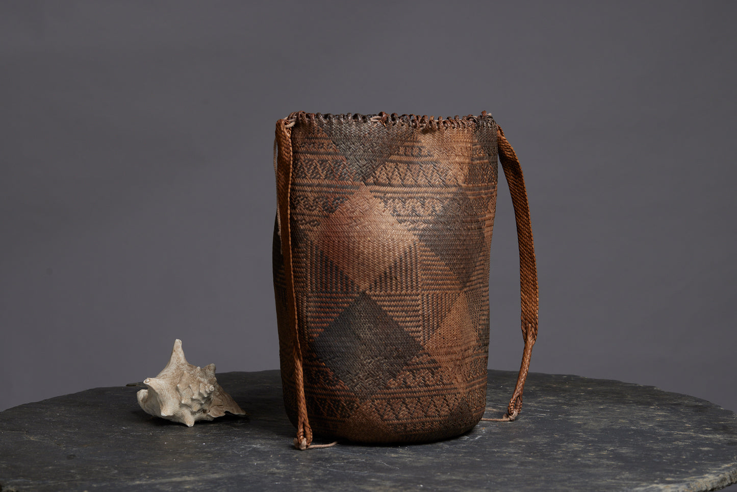 Large Woven Gathering Bag from Kalimantan with a Geometric Pattern and Lovely Braided Loops