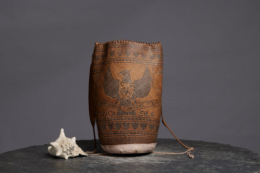 Large Woven Gathering Bag from Kalimantan with an Unusual Westerner Eagle Decoration with Cars