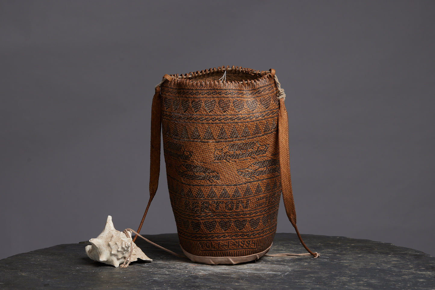 Large Woven Gathering Bag from Kalimantan with an Unusual Westerner Eagle Decoration with Cars