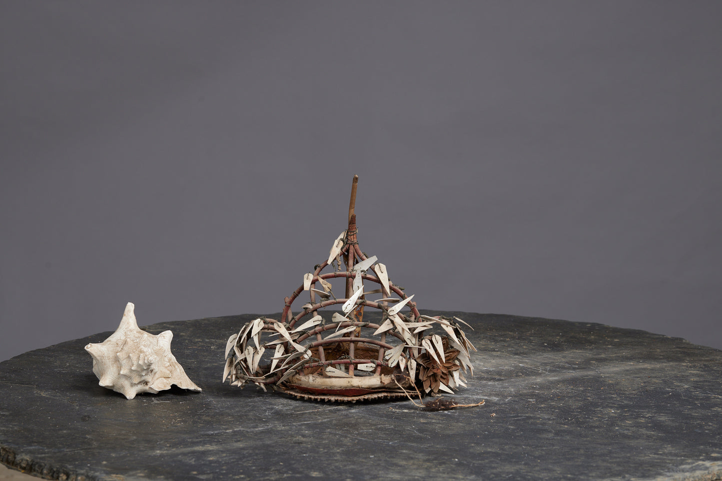 Ceremonial Hat from Kalimantan with Bone and Parchment Decoration and Traces of Bear Fur