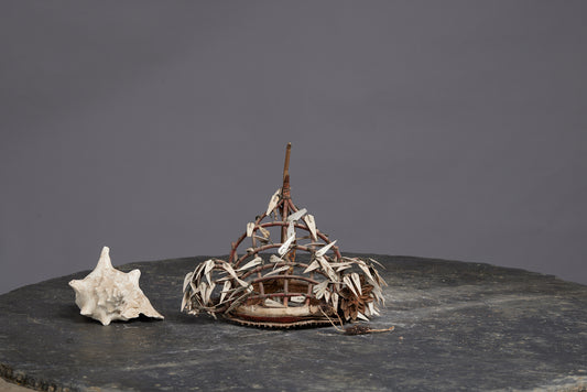 Ceremonial Hat from Kalimantan with Bone and Parchment Decoration and Traces of Bear Fur
