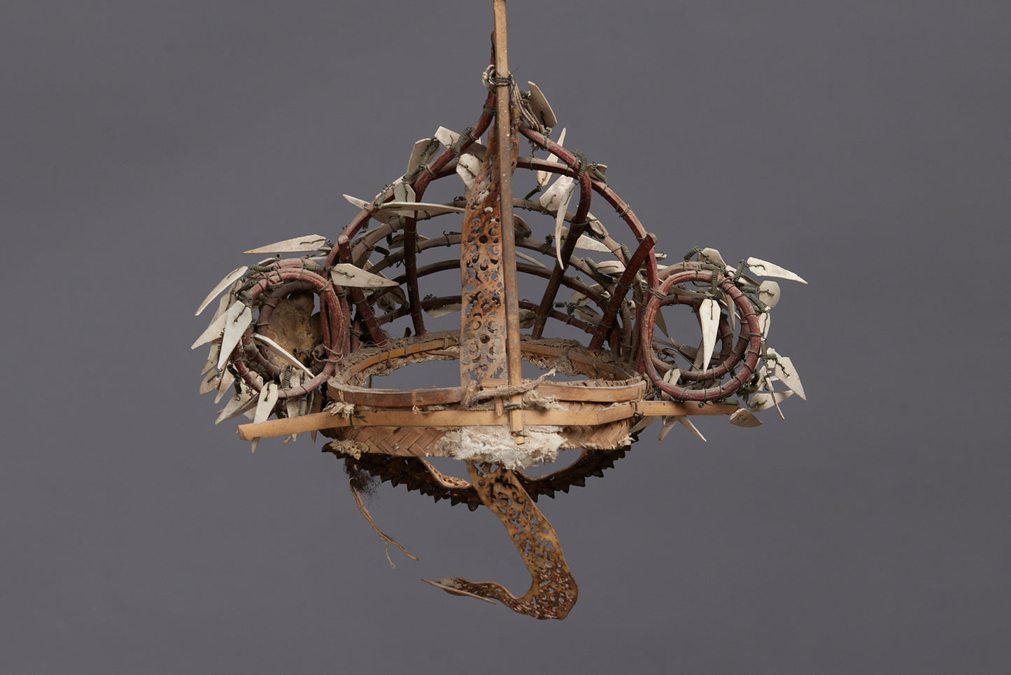Ceremonial Hat from Kalimantan with Bone and Parchment Decoration and Traces of Bear Fur