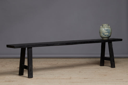 Ebonized Teak Bench with a Stretcher Base