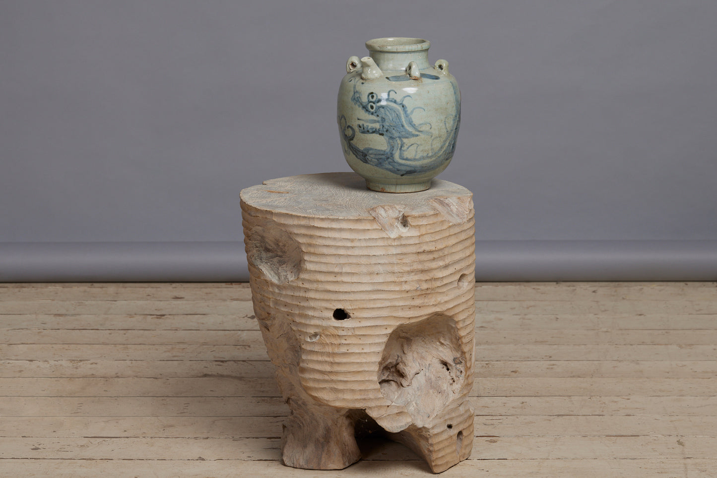 Natural Solid Teak Stool with Gadrooned Sides and a Bleached Surface