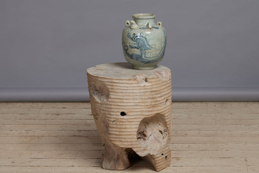 Natural Solid Teak Stool with Gadrooned Sides and a Bleached Surface