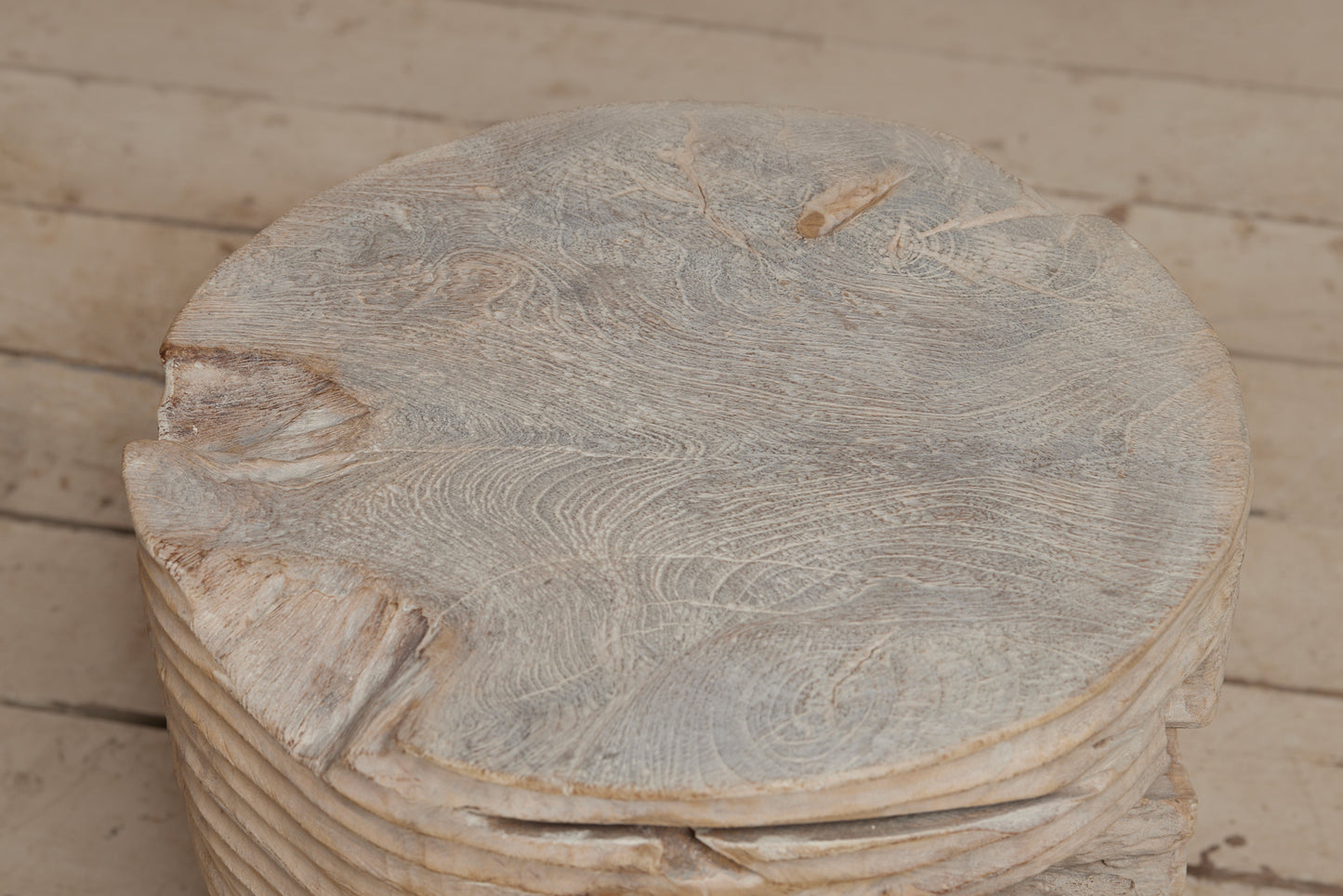 Natural Solid Teak Stool with Gadrooned Sides and a Bleached Surface