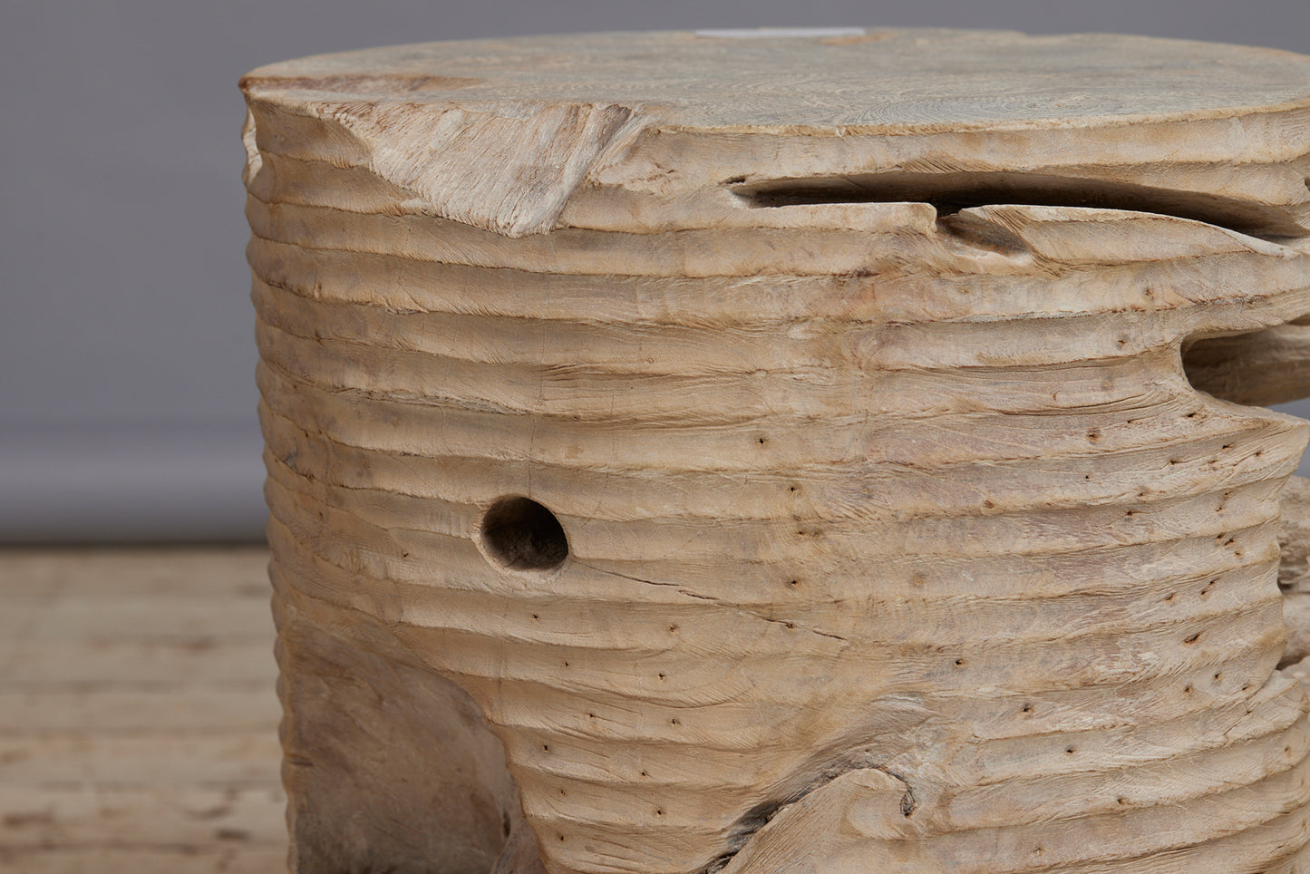 Natural Solid Teak Stool with Gadrooned Sides and a Bleached Surface