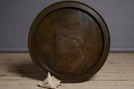 Late 19th Early 20th Cent. Large Hammered Brass Tray with a Central Incised Decoration