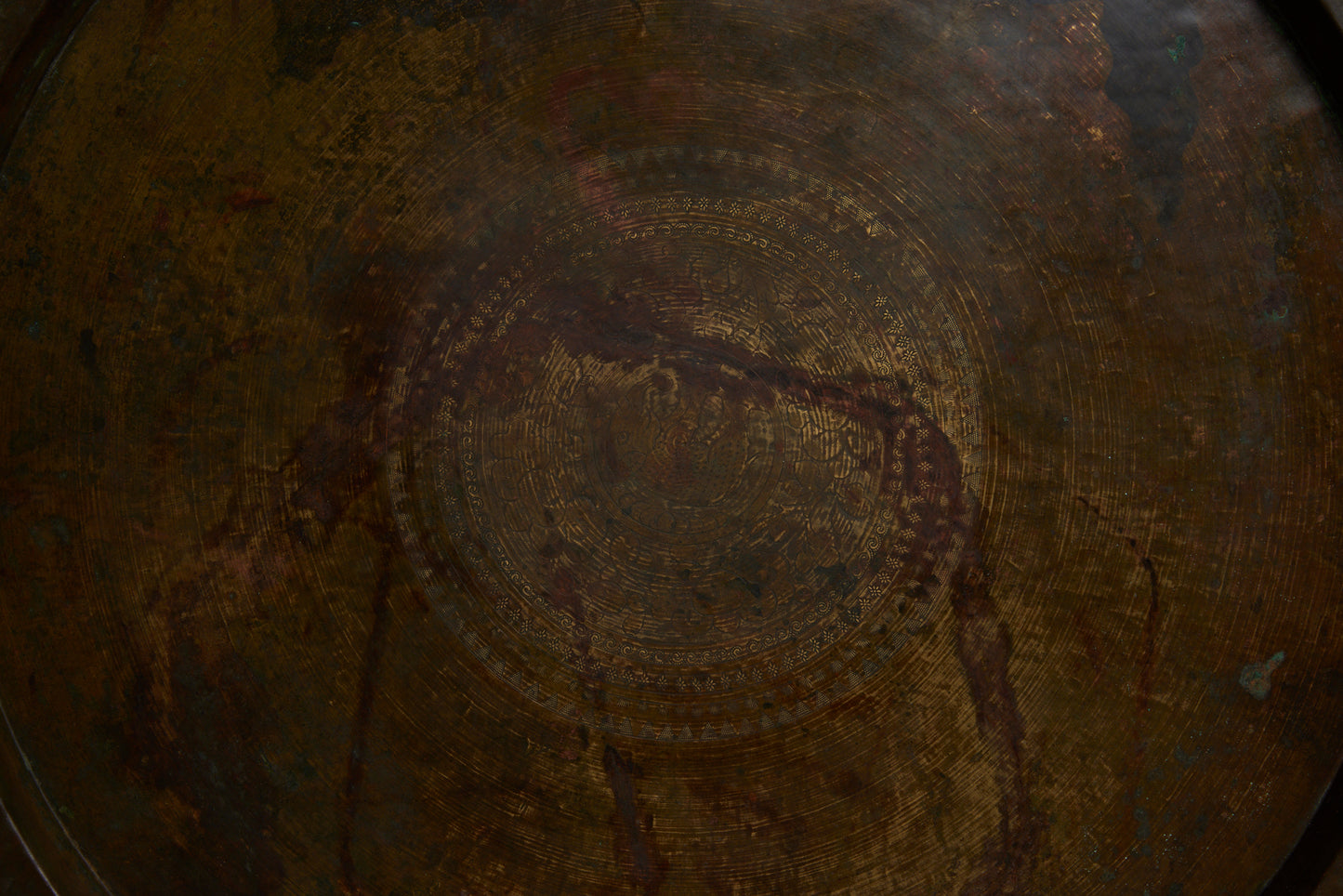 Late 19th Early 20th Cent. Large Hammered Brass Tray with a Central Incised Decoration