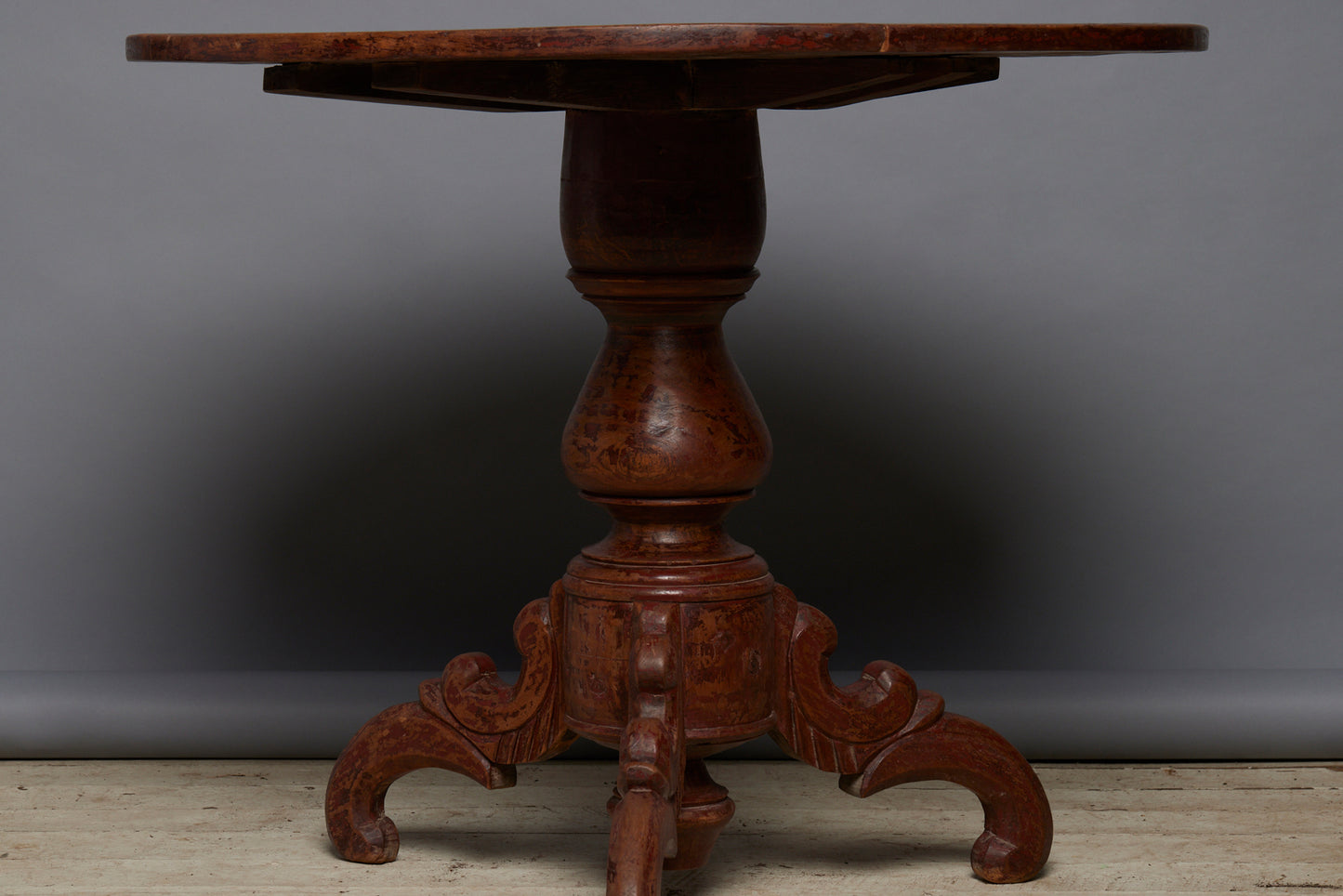19th Century Javanese Dutch Colonial Round Table with Traces of Original Red Paint