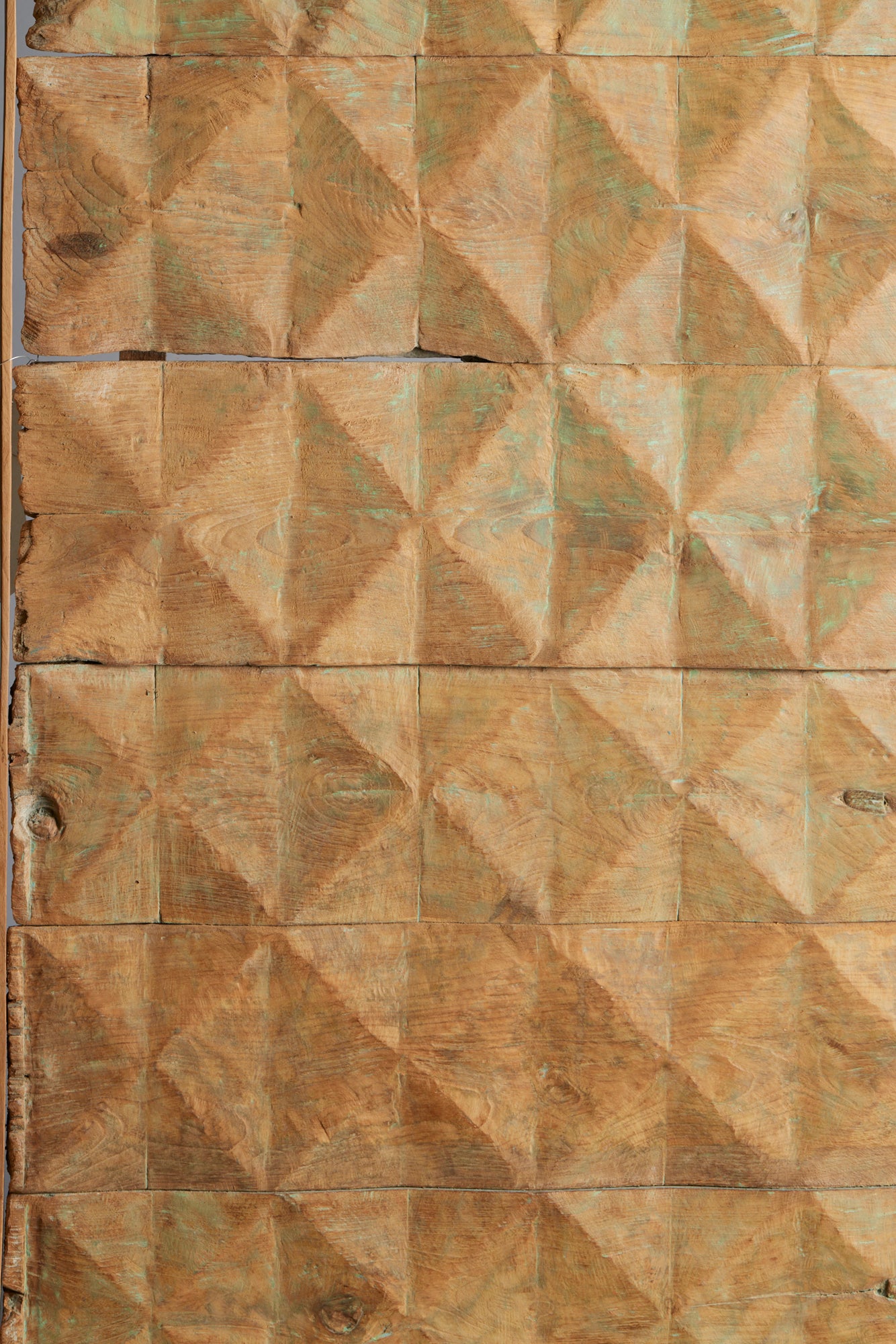 Framed Faceted Teak Panels with Traces of Old Blue Green Paint