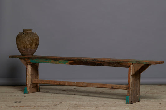 Long Stretcher Base Painted Teak Bench from Java - three-quarter view