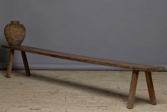 Extra-Long Splayed-Leg Wide-Top Teak Bench from an Indonesian Church