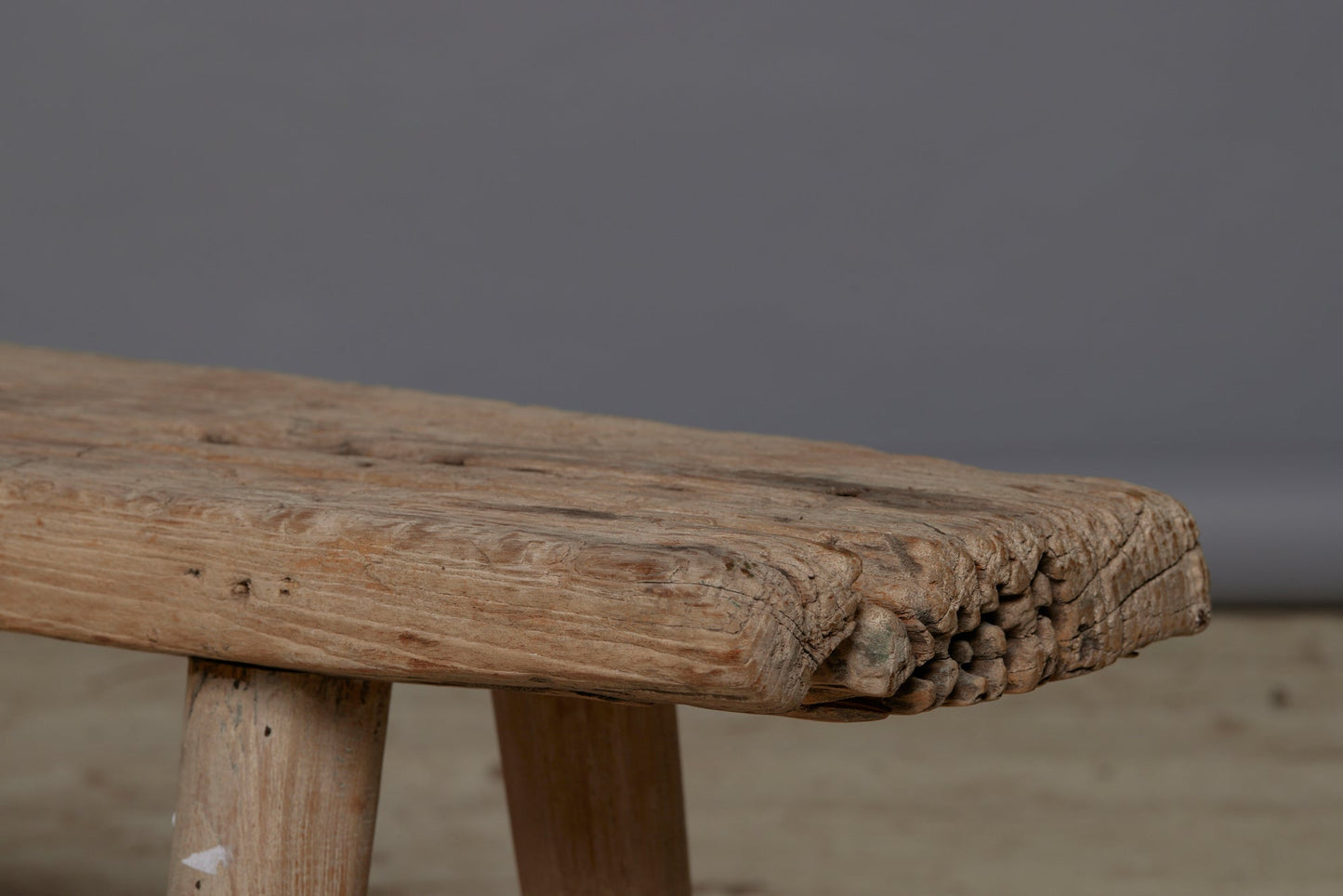 Thick Top White Washed Old Teak Bench with Round Tapered Splayed Legs and a Soft Old Weathered Patina