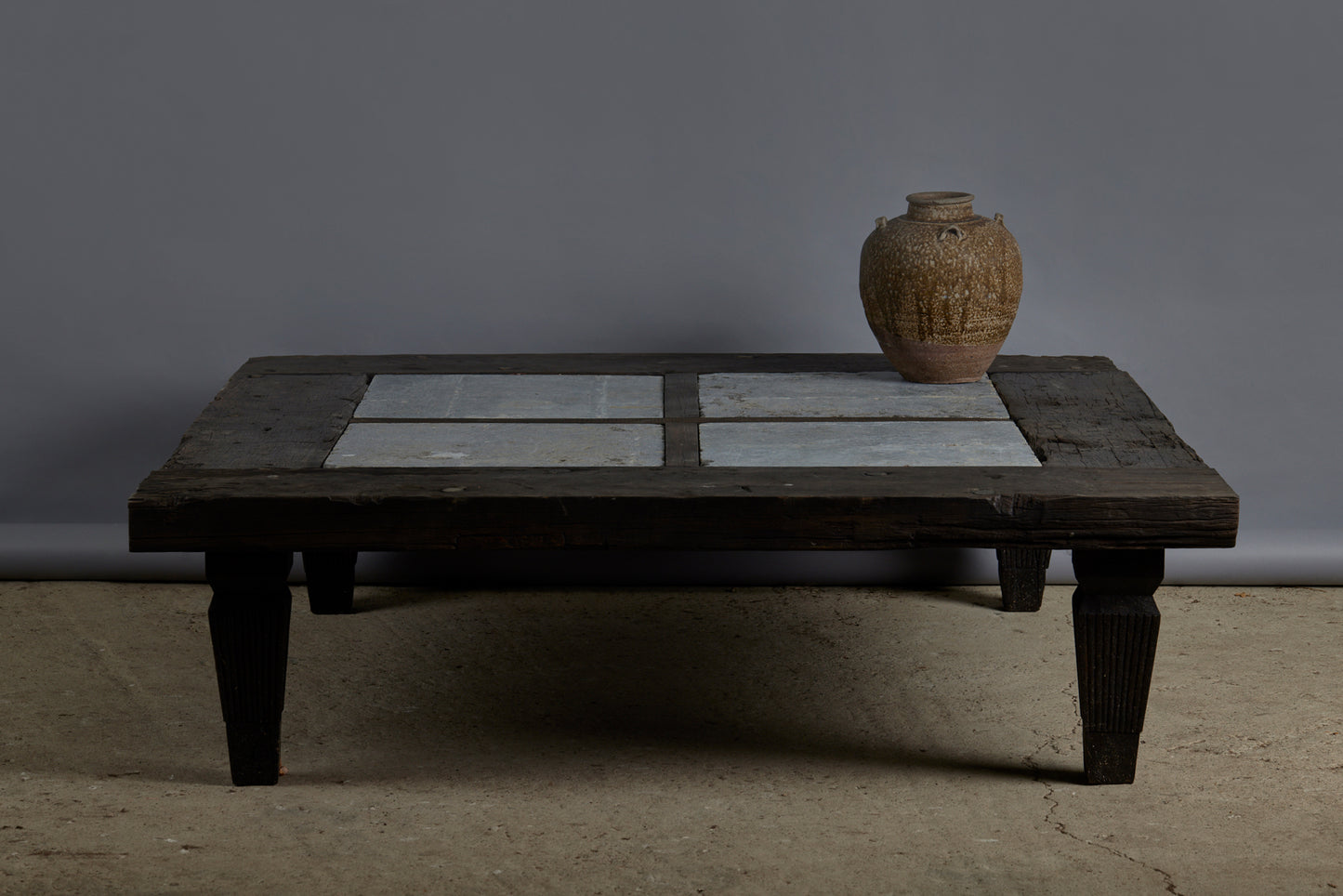 Large 5' Square Teak Coffee Table with 4 Pieces of Belgian Blue Stone