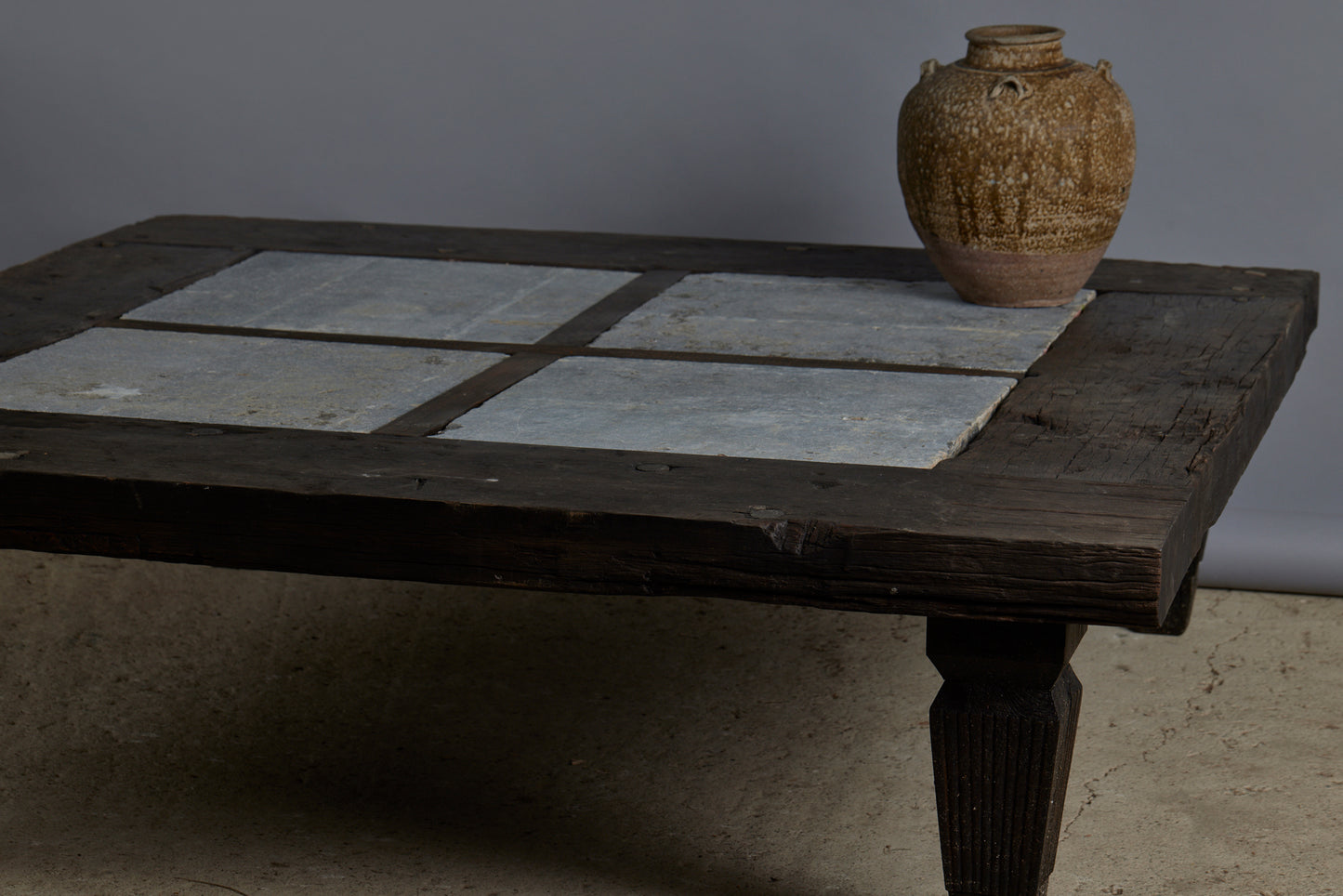 Large 5' Square Teak Coffee Table with 4 Pieces of Belgian Blue Stone