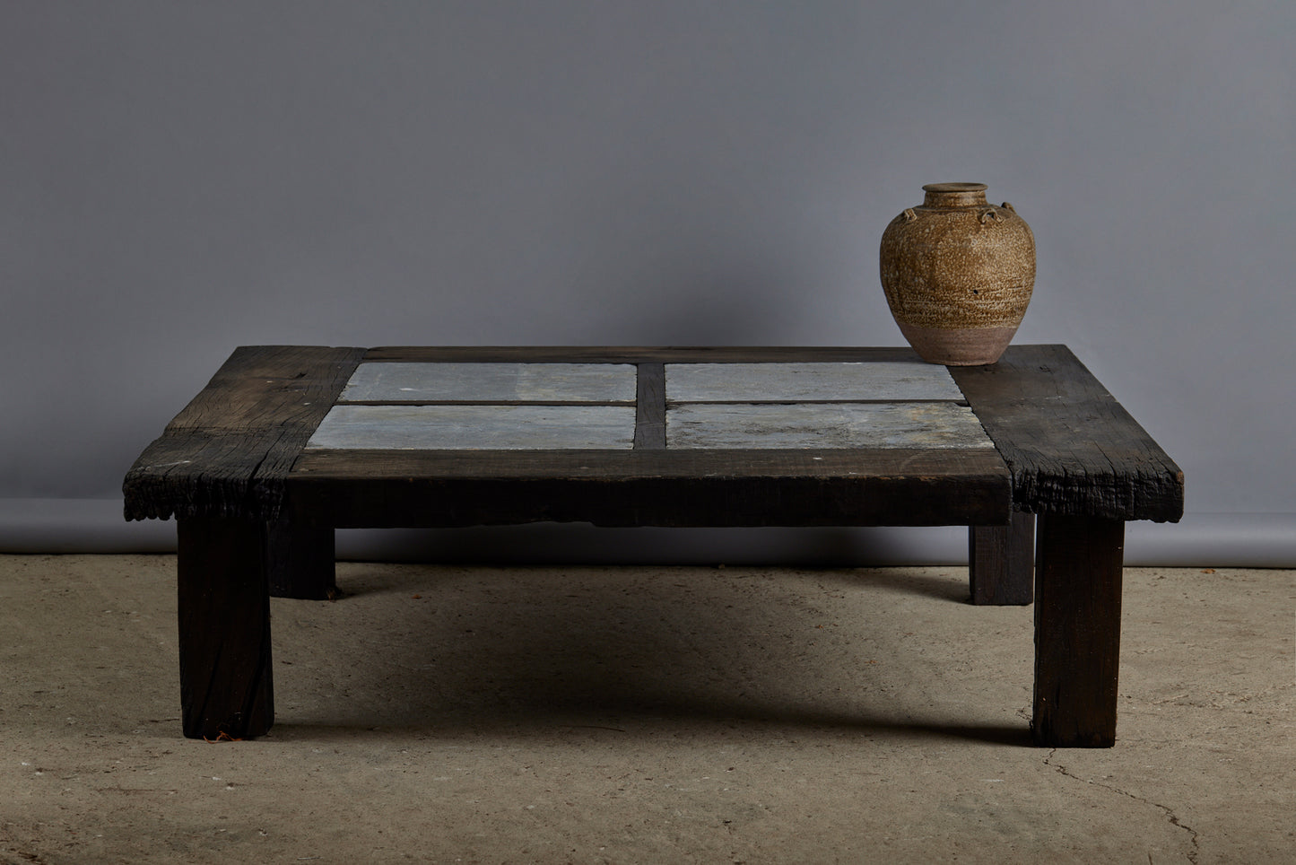 Large 5' Square Teak Coffee Table with 4 Pieces of Belgian Blue Stone