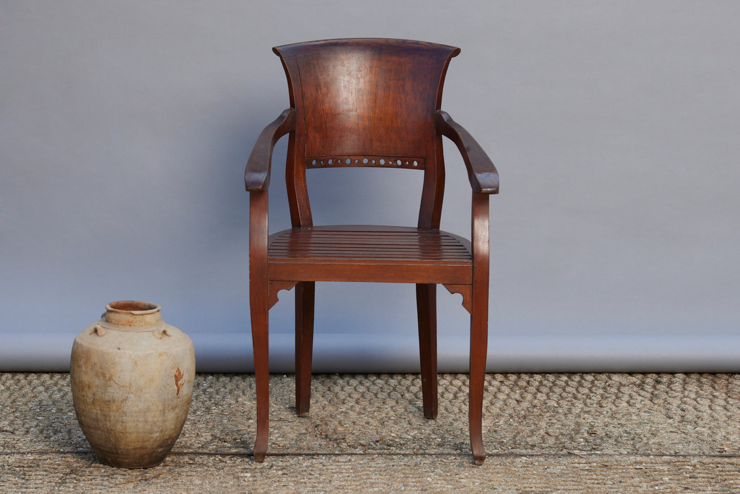Married Pair 1930s Teak Dutch Colonial Armchairs from Java