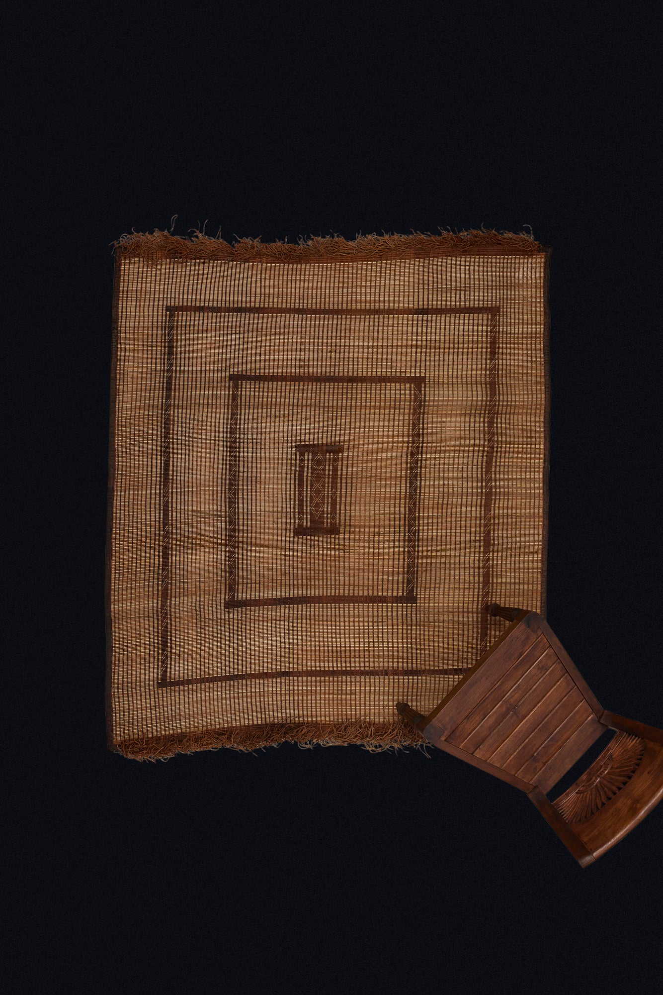 Small Coco Colored Early Tuareg Carpet with Stepped Square Design & Heavy Ornamental Fringe (5'5" x 5'9")