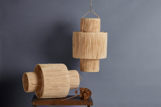 3 Tiered Cylindrical Shape Hanging Raffia Shade